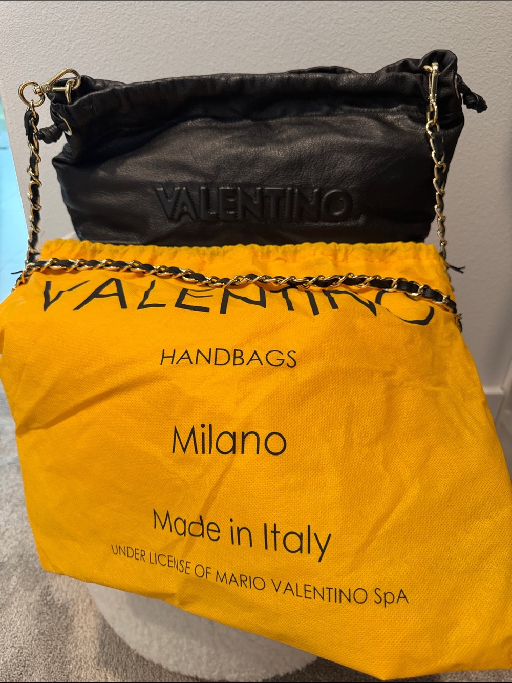 Valentino Black Leather Shoulder Bag with Gold Chain